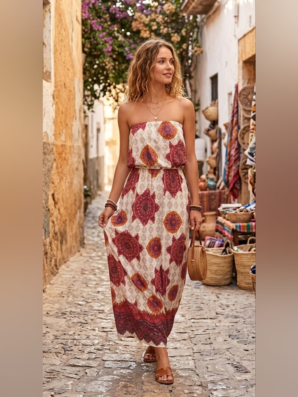5th & Love Strapless Maxi Dress in Cream with Red and Orange Medallion Print